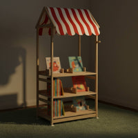 Striped Awning Children's Book and Toy Organizer Natural Wood House-Style Shelf Freestanding Children's Toy Rack Accessible Design