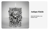 Gothic Electronic Candle | Glowing Flame-flickering bulb, Antique Silver Finish, cranium Candle, for Halloween