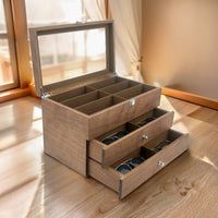 Walnut Finish Glasses Chest Large Capacity Wooden Sunglasses Display Case 18 Compartment Glasses Box Dustproof