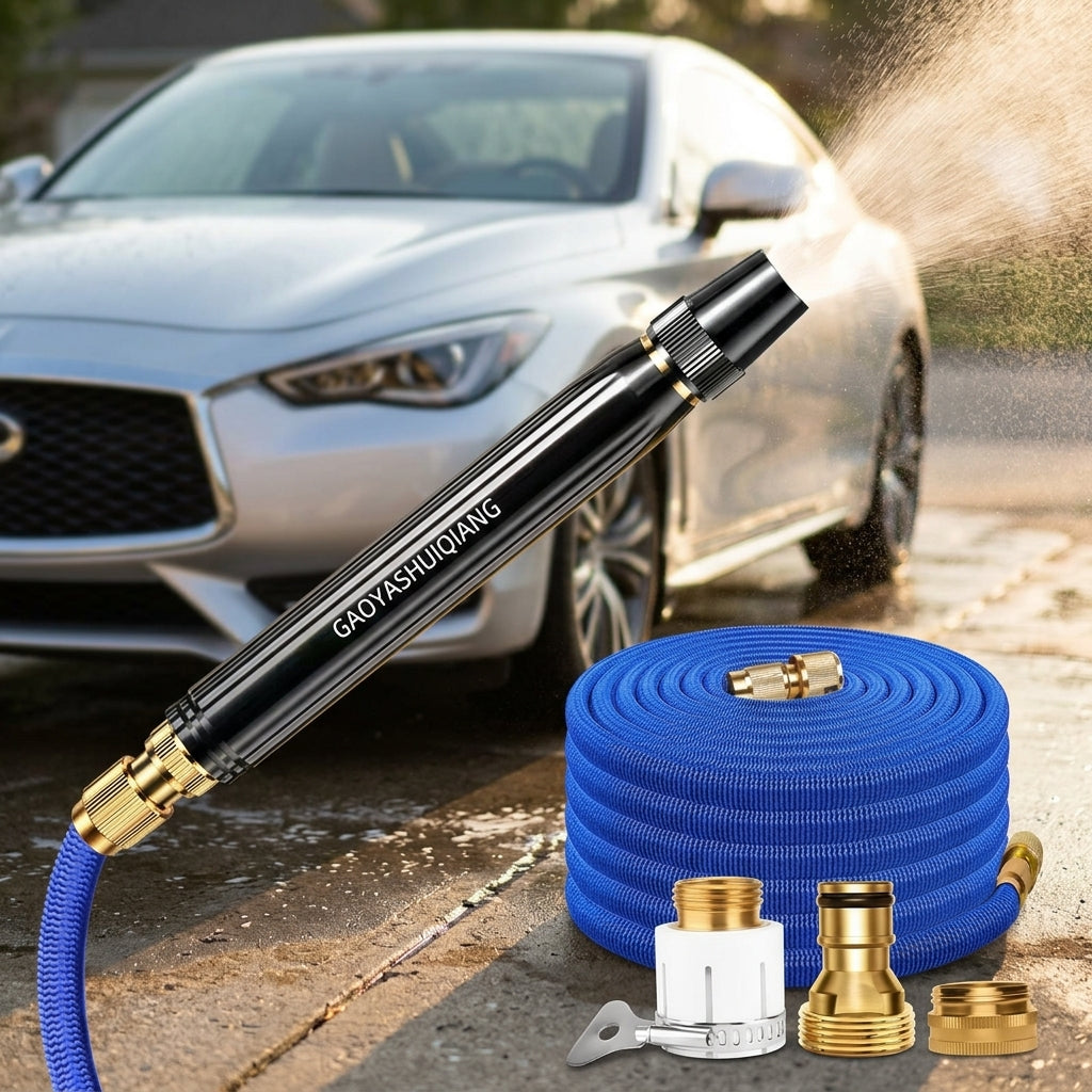 Garden Hose with High Pressure Alloy Nozzle for Car Cleaning, Long Spray Wand with Foam Lance for Car Wash, Easy to Use Tap Water, 4-Piece Set