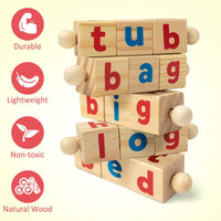 Wooden Reading Blocks Spelling Game with Cards, Montessori Rotating Letters Learning Toy for Preschool Boys and Girls