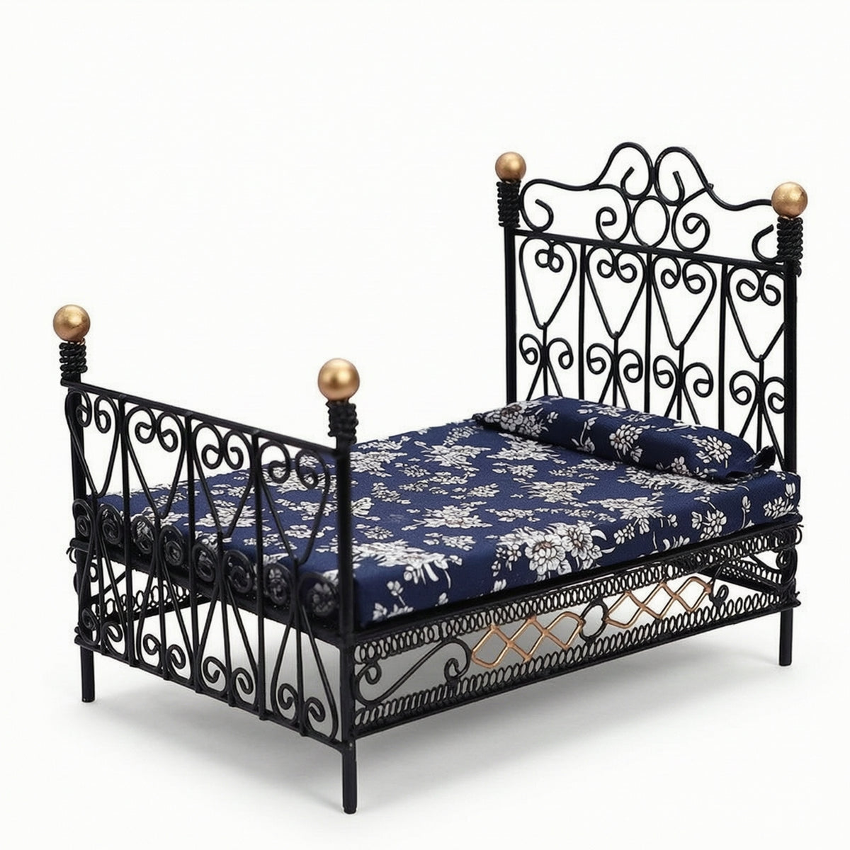 Dollhouse Bed with Mattress 1/12 Scale Miniature Metal Bed Wrought-Iron Style