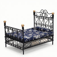 Dollhouse Bed with Mattress 1/12 Scale Miniature Metal Bed Wrought-Iron Style