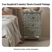 2-Drawer Nightstand with Floral Painting Distressed Finish Bedside Table Vintage Look Curved Legs for Apartment Dwellers