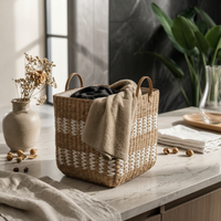 Woven Laundry Hamper Large Capacity Lined Storage Basket Rustic Style Storage Bin for Washroom