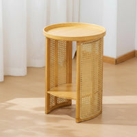 Dual-Level Round Nightstand Japanese Design 2-Tier Round Table Rattan Weave Design Rounded Edges for Bedroom, Small Spaces