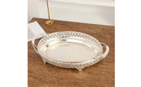 Mirrored Tray with Handles Openwork Decorative Tray Cutout edge Vintage-Retro Metal Serving Platter with Feet for Vanity, Living Room, Parties