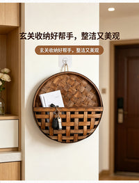 圆形室内木质挂篮壁挂装饰插花装饰田园风置物篮民宿背景墙面挂饰