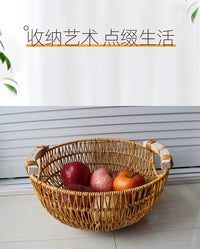 Rattan-Style Round Basket with Wooden Handle for Storage and Decoration