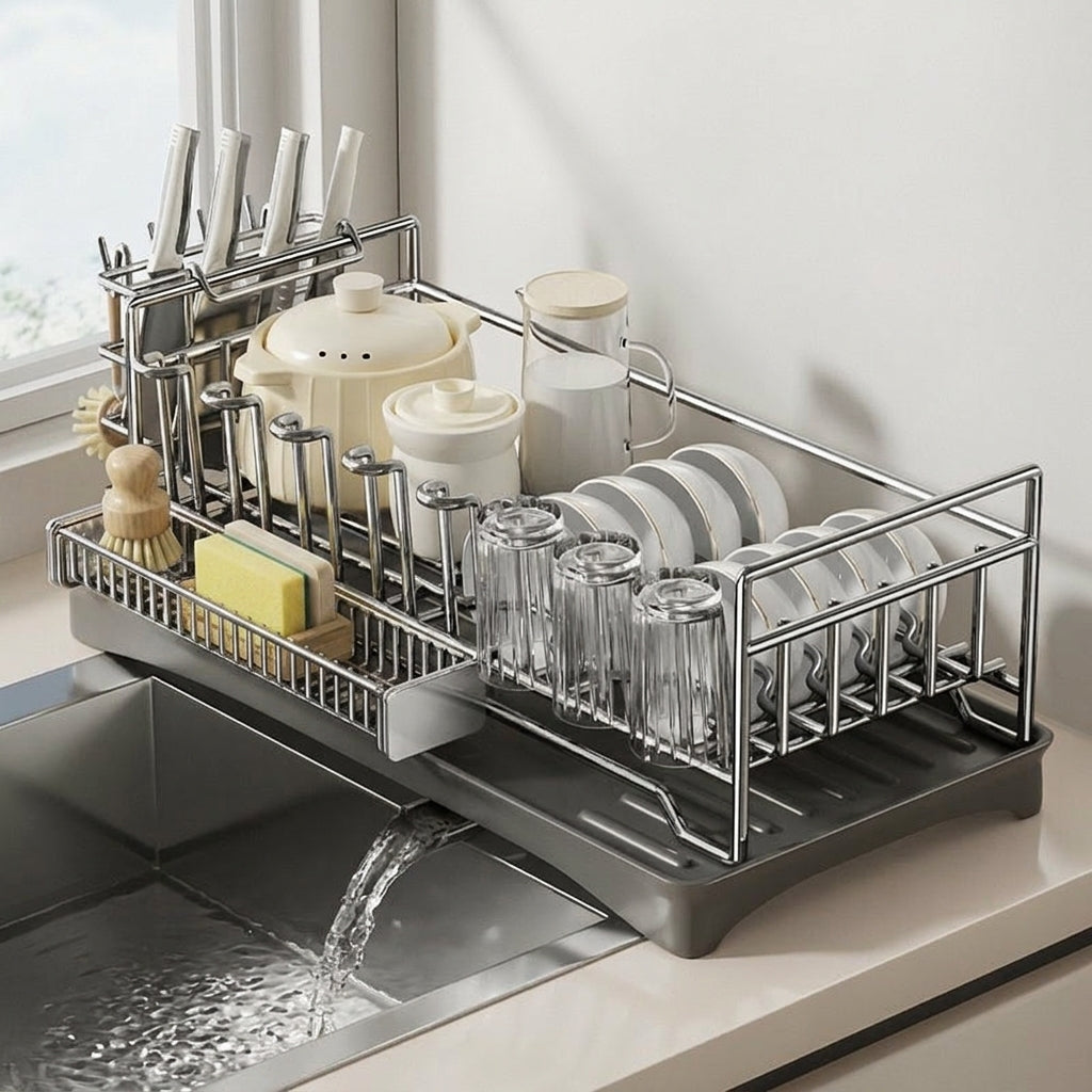 Dish Rack Kitchen Counter Organizer with Utensil Holder and Plate Rack, Carbon Steel Modern Minimalist Style with Knife Block and Drain Spout
