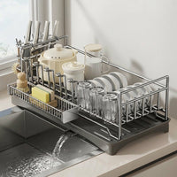 Dish Rack Kitchen Counter Organizer with Utensil Holder and Plate Rack, Carbon Steel Modern Minimalist Style with Knife Block and Drain Spout