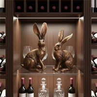 2 Pieces Bronze Hare Statue Resin Animal Sculpture Figurine Vintage Style Home Decor for Desk, Bedroom