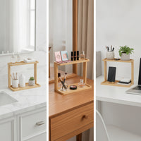 Water-Resistant Bamboo Shelf with Two Tiers Space-Saving Countertop Rack Organizer Compact Bamboo Storage Rack Natural for Bathroom Vanity, Dresser