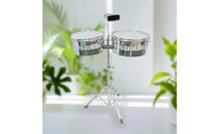 Timbales Drum Set with Stand and Cowbell Chrome Timbale Drums Metal-  Timbales with Stand for Stages