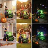 Green Inflatable Witch with Frog Bright Witch Inflatable with Pot Spooky Yard Inflatable Decoration Scary for Lawn