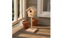 Mini Wooden Birdhouse Ornament Wood Finish Miniature Birdhouse on a Post Pitched Roof Wooden House Ornament with Base for Dollhouse, Courtyard