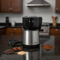 Compact Coffee and Seasoning Grinder Multi-Functional Electric Grinder with Steel Cup Safety Lock Brushed Silver for Home Cooks, Kitchen, Countertop, Office