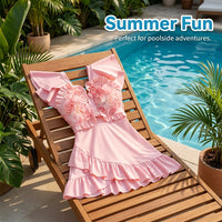 Girls' Short Sleeve One Piece Swimsuit, Polyester Material, Kids' Anti-Exposure Swimming Costume with Integrated