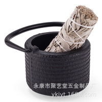 可立手柄铸铁香炉罗纹风格黑色生铁燃烧炉适合装饰烛台冥想香薰碗