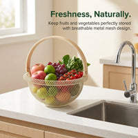 Kitchen Storage Basket with Wooden Handle for Fruits and Eggs, Metal Wire Frame with Rolled Edge Design, Hanging for Cupboards
