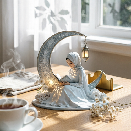 2D Reading Girl decor Ornament Presentable Ramadan Acrylic Moon decoration for Desktop, Cabinet Party Festival
