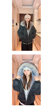 冬季新款大理石座山雕连帽绒毛棉衣外套男女冬季PU皮加厚保暖棉服