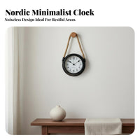 Silent Movement Round Metal Clock Retro Design Rope Hanging Wall Clock Battery Operated for Homeowners, Adults, Living Room, Bedroom, Office