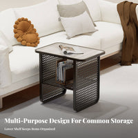 Two-Tier Woven-Panel Side Table Japanese Design 2-Tier Table Space-Saving