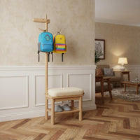 Multi-Functional Design Hall Tree with Shoe Storage Solid Wood Wooden Deer Coat Rack Bench Cushioned Seat for Mudroom