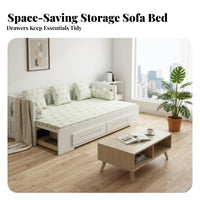 sturdy Wood Frame Pull-extendable Wooden Daybed Multi-Functional Pull-extendable Loveseat Sleeper Foldable Design transformable Couch Space-Saving for Apartment Dwellers, Students, Homeowners, Living Room, Small areas, Home Office