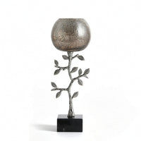 Candle Holder with Marble Base Silver-Toned Sculptural Candle Holder Textured Glass Candlestick for Dining Table, Sideboard