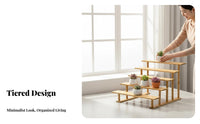 Space-Saving Stepped Wooden Rack Freestanding Multi-Level Display Riser Versatile Plant Stand Rustic Design for Office Workers, Retail Vendors, Balcony, Bay Window, Living Room, Kitchen Counter