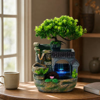 Decorative Indoor Fountain with Artificial Plant Lighted Rock Waterfall Fountain Electric Calming for Office Desk