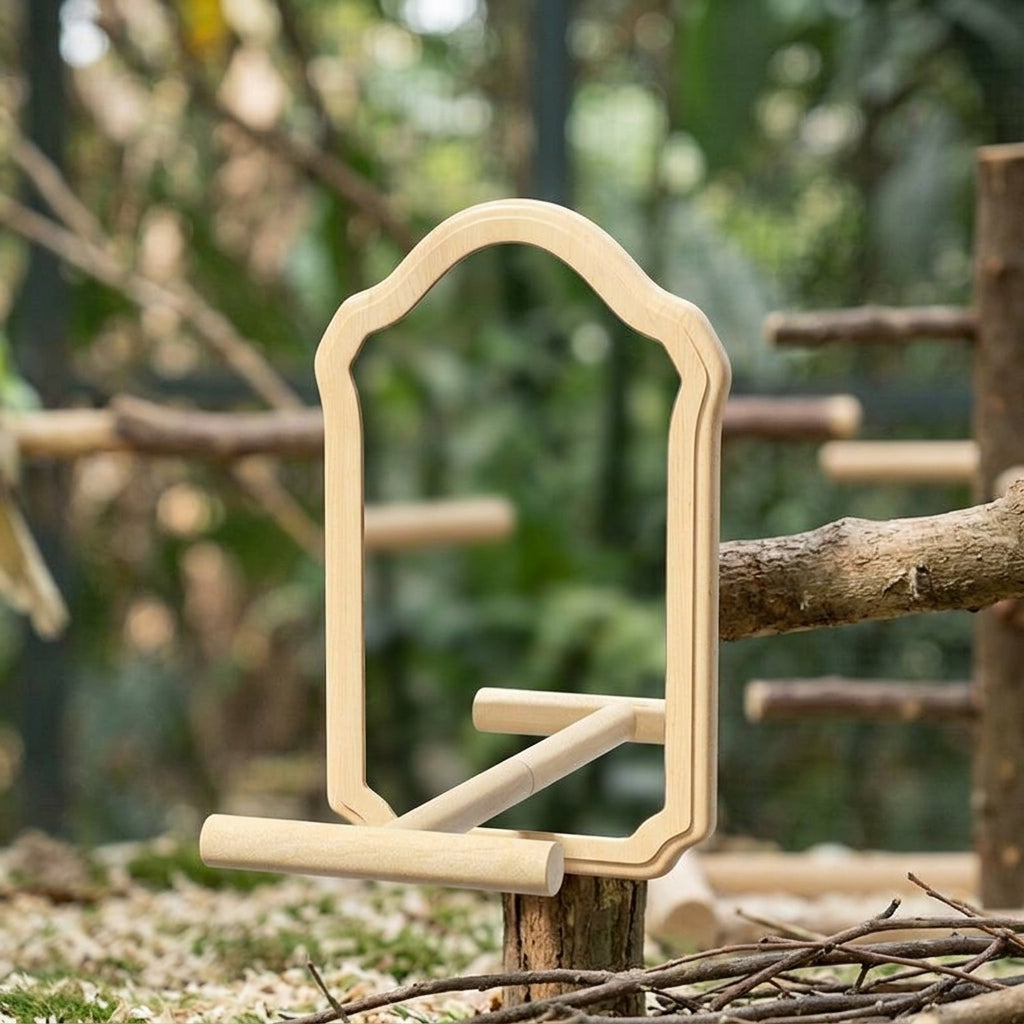 Bird Cage Mirror with Solid Wood Perch, Arched Rectangle Acrylic Bird Mirror Toy and Stand, Enrichment Budgie Accessories, Screw Mount Design