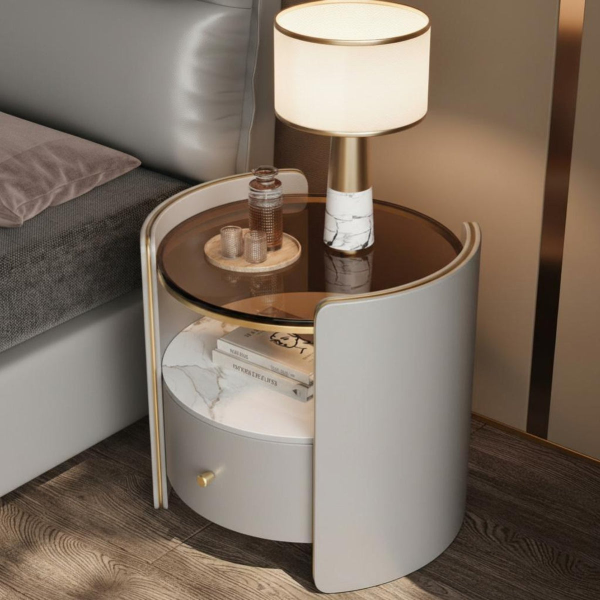 Round Nightstand Easy to Clean Round Side Table with Storage Rock Slab Surface 2-Tier Circular Nightstand for Hotel