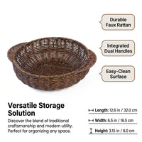 Woven Wicker Basket with Wooden Handles for Storage and Serving, Polypropylene Imitation Rattan Hamper for Gifts, Lightweight Organizer