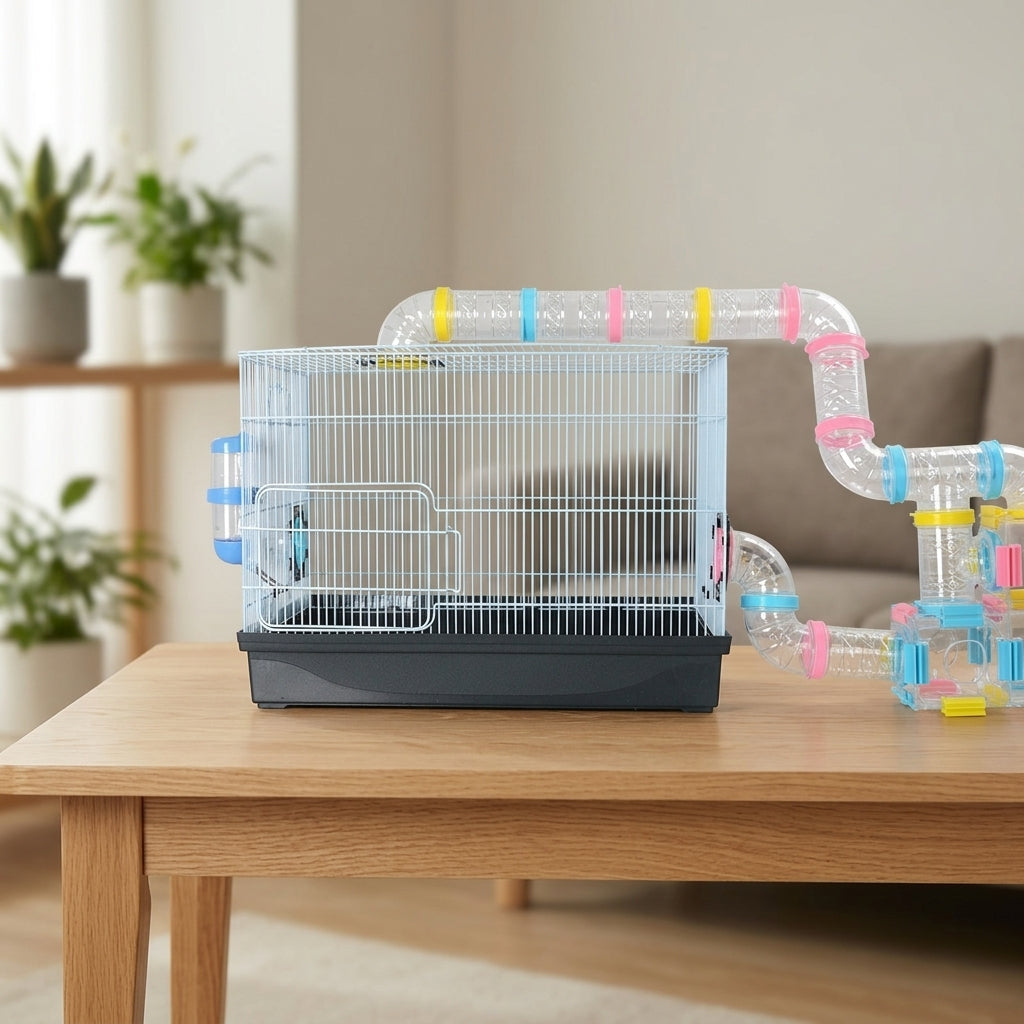Double Layer Hamster Cage and Enclosure, Square structure with Wire Mesh Glass Base, All Seasons for Syrian Dwarf Little Friends