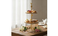 Two-Tier Dessert Stand Gold-Tone Cupcake Holder Stand Wooden Shelves Rustic for Home Cooks, Cafes