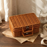 Woven Suitcase Box Top Handle Rattan Storage Box Brown for Gifting