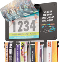 Wall-Mounted Marathon Medal Display Rack with Bib Number Pockets