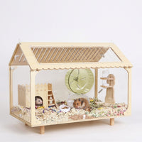 Acrylic Hamster Cage Villa with Mixed Color Wood Landscape and Acrylic Window, Transparent Hamster Cage with Openable Top for Winter Heating Lamp