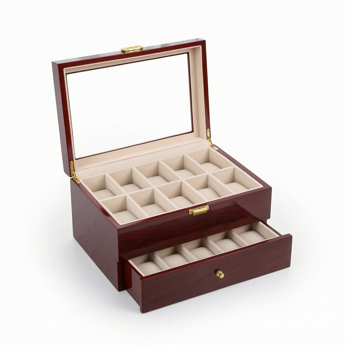 Watch Box with Drawer Glossy Watch Display Case Padded Organizer for Collectors, Dresser, Nightstand, Closet