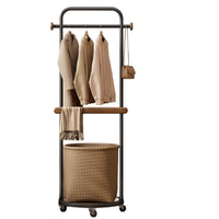 Bedroom Floor Coat Rack with Laundry Basket, Mobile, Space-Saving