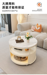 Cream Style Round Marble-Effect Mobile Coffee Table with Storage