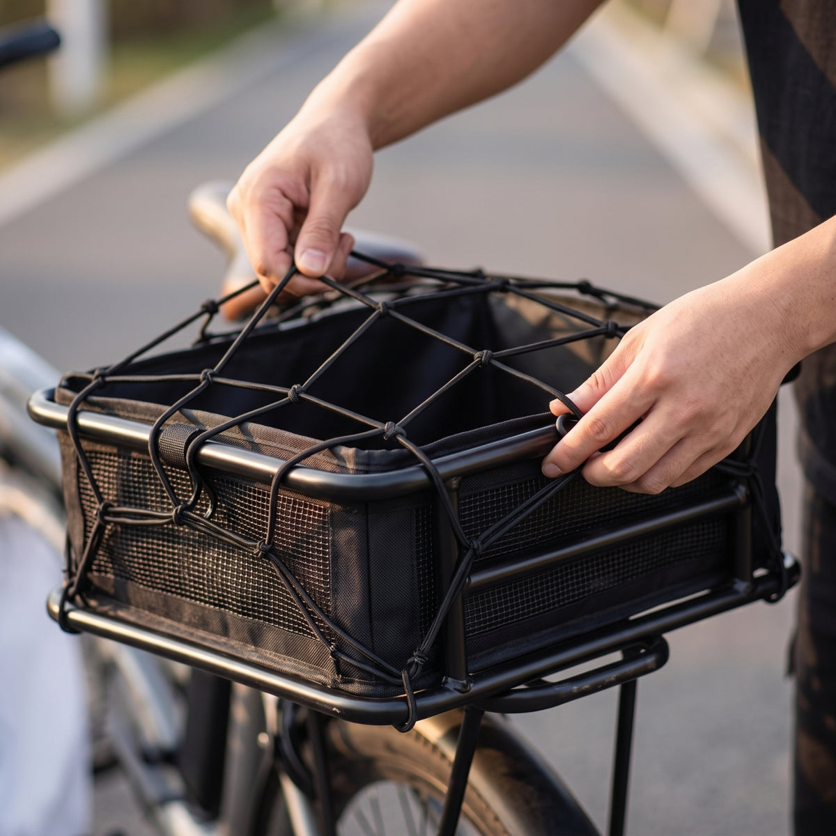 Large Capacity Bike Rear Basket with Liner Universal Compatibility Rear Bike Basket with Cargo Net Easy to Install Rust Resistant for Commuters, Grocery Shopping