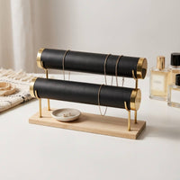Double-Tier Bracelet Display Stand Leather-Wrapped Wooden Bracelet Stand Countertop Bangle Display Minimalist for Collectors, Dresser