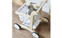 Toy Pram with Textile Basket Pretend Play Doll Stroller Wooden Toy Cart Sturdy Kids Shopping Cart Roomy for Toddlers, Playroom