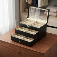 PU Leather Eyewear Storage Box Large Capacity Leather Eyewear Display Case 3-Tier Glasses Display Case Clear View Lid for Women