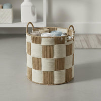 Woven Laundry Hamper Handwoven Round Blanket Basket Sturdy Handles Checkered Storage Bin for Living Room