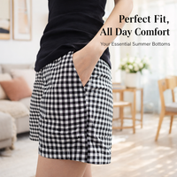 Linen Trousers Womens Wide Leg with Elastic Waistband, Cropped for in Checkered Gingham Pattern, Breathable Blend Loungewear